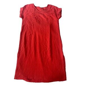 Eileen Fisher Organic Cotton Gauze V-Neck Midi Dress Size Medium Coral